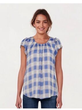 LC Lauren Conrad Blue Plaid Tie Back Blouse Sz L